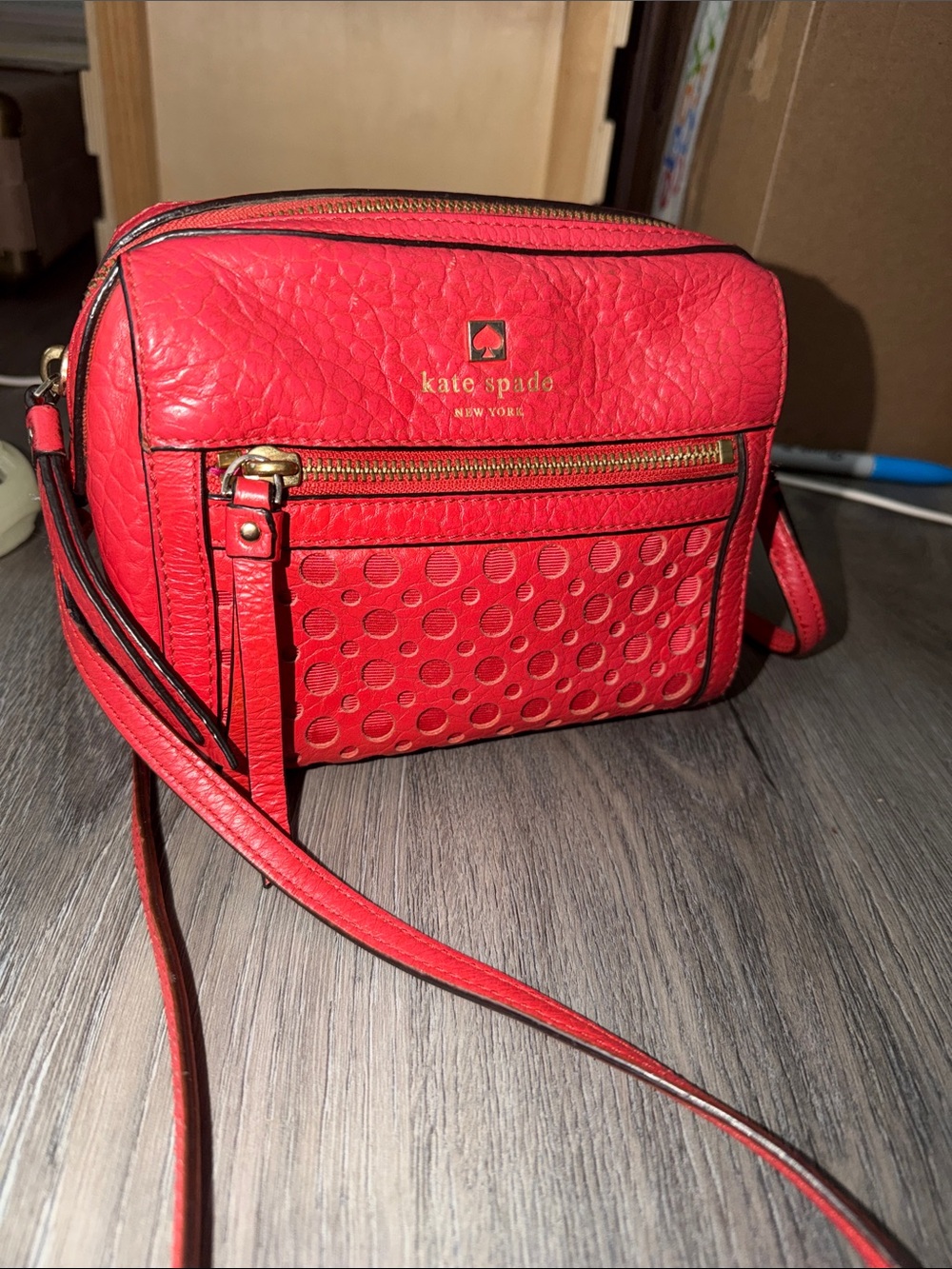 kate spade Bright Red Pebbled Leather Crossbody with Dot-Textured Front